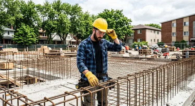 Builder wearing PPE including gloves, helmet and goggles
