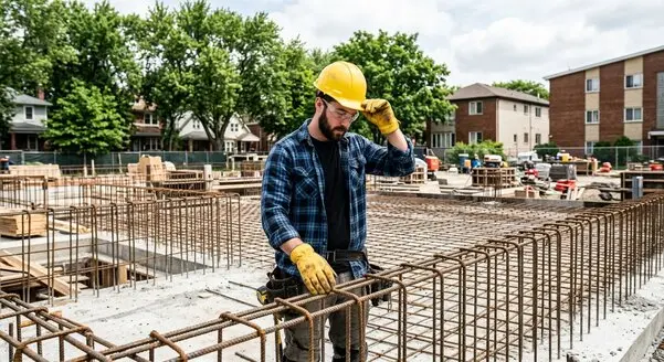 Builder wearing PPE including gloves, helmet and goggles
